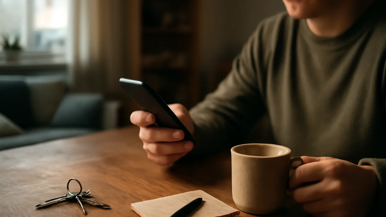 Geç saatte ev içi doğal ışıkta, okunamayan içerikli bir telefonla masada oturan bir kişinin yanında dağınık günlük eşyalar görülüyor; mesajlara ilgisiz kalmanın yarattığı mesafeyi hisseden, belgesel gibi bir atmosfer var.